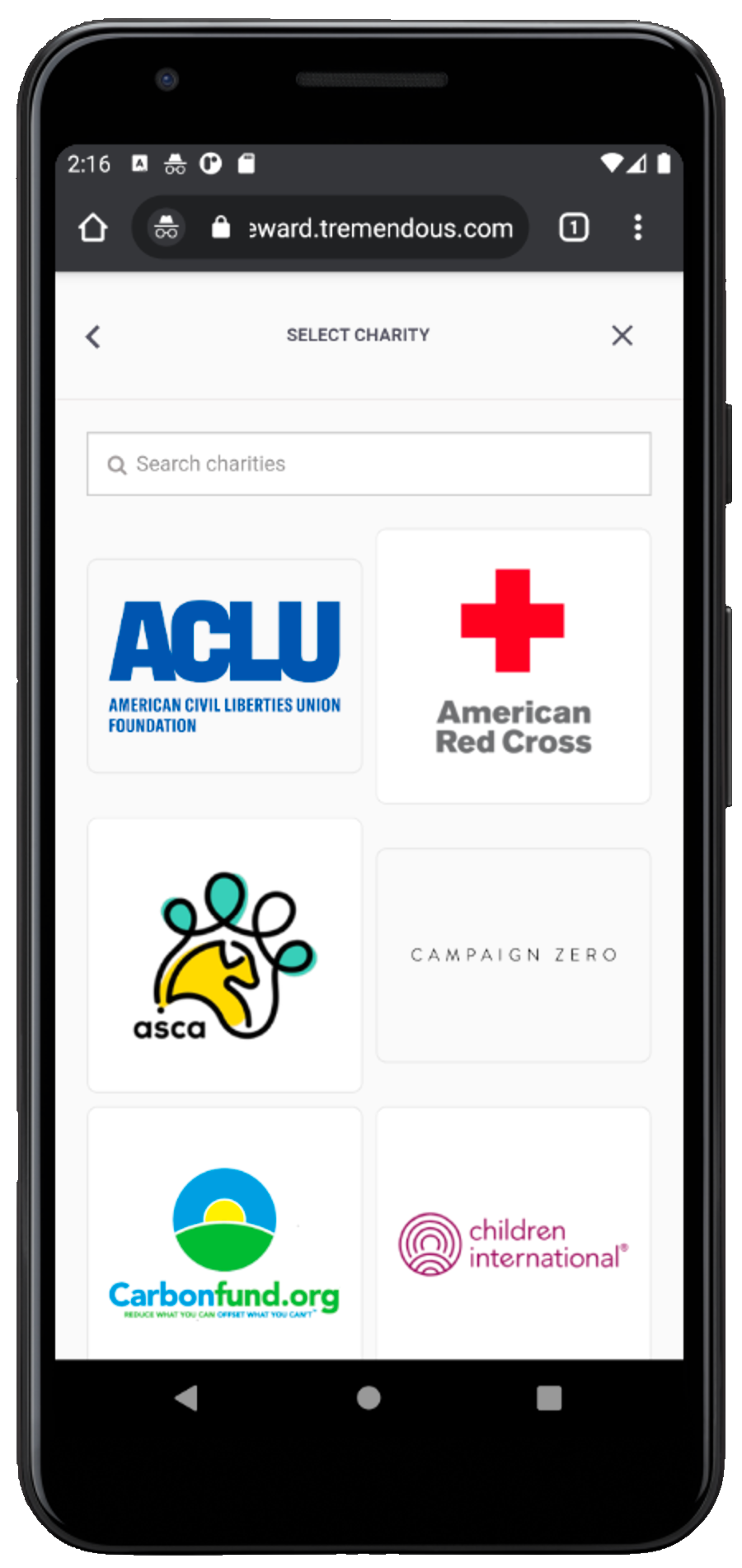 Charity selection screen