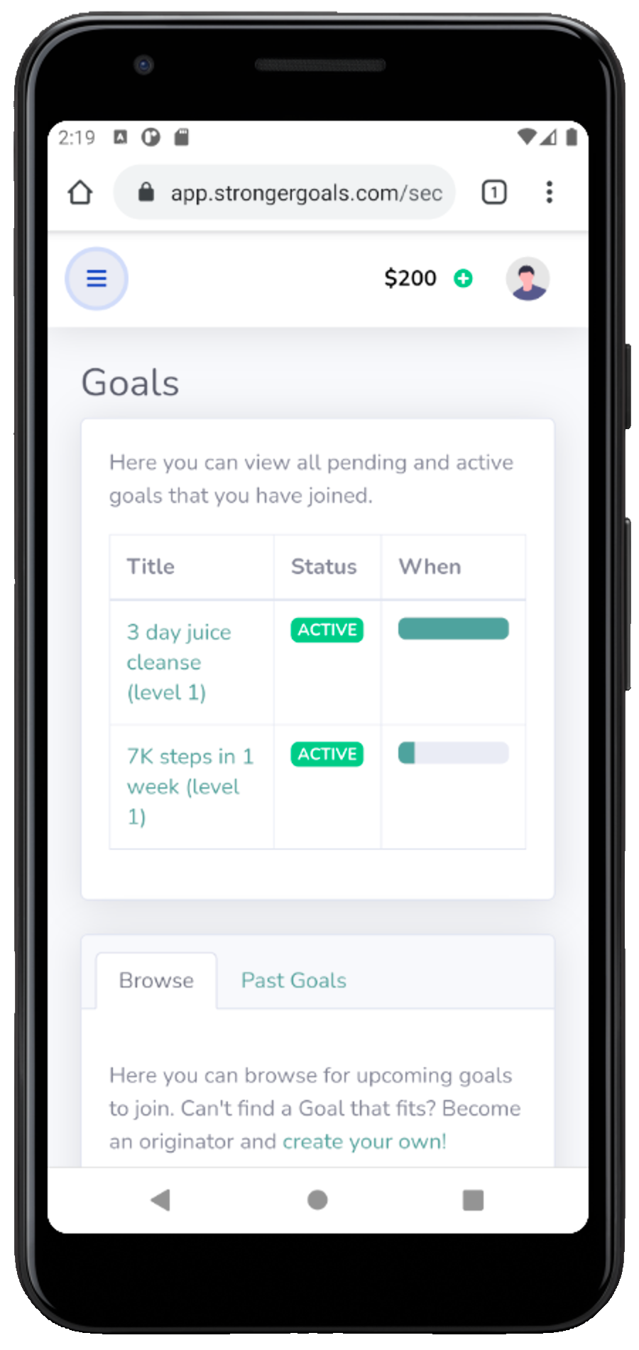 Goal selection screen
